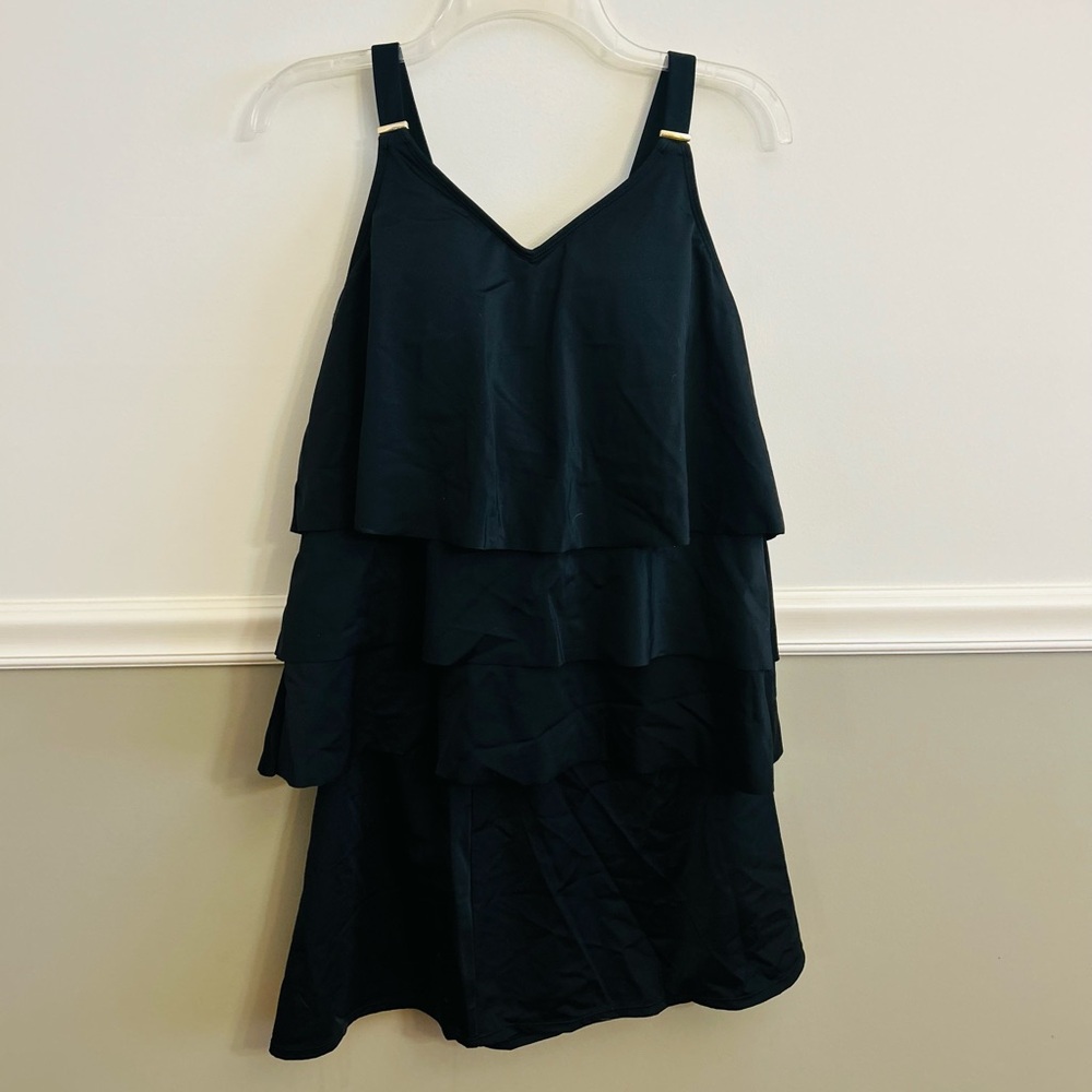 Susan Graver Black Soleil Tiered Tankini with Skirt Brief Size 16